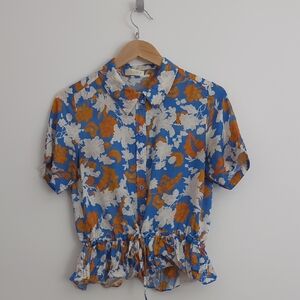 STINE GOYA Blue and Brown Peplum Blouse with Peter Pan Collar